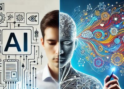 A split view of a futuristic AI figure and a human holding a pen