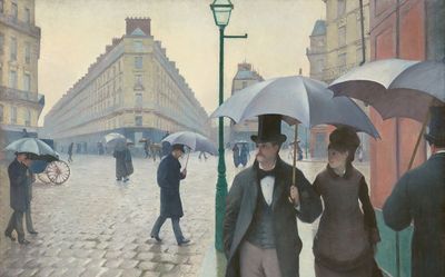 Caillebotte's painting of a wide Paris street in the rain, with a couple under an umbrella walking toward the viewer